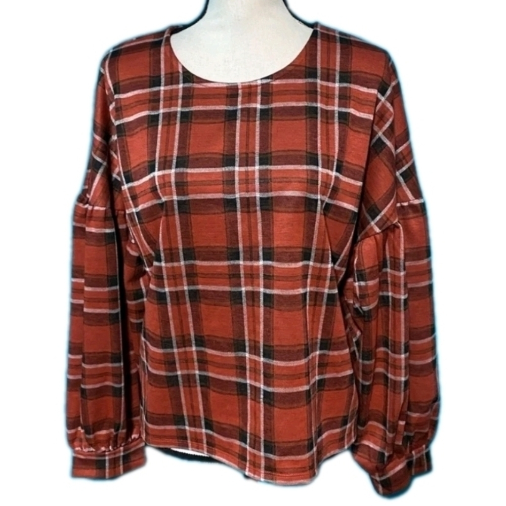 VERSONA size Medium Oversized Boxy Orange Plaid Dolman Sleeve‎ Blouse Casual